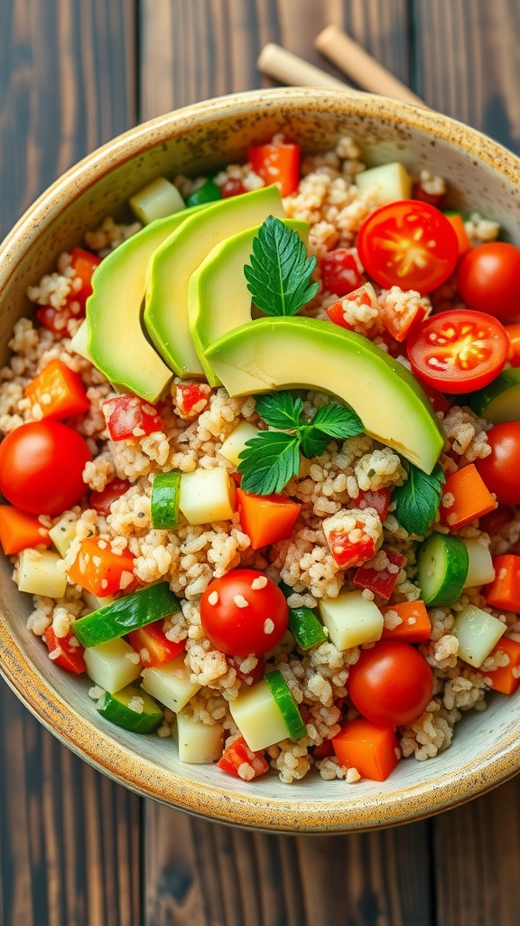 A vibrant quinoa salad with tomatoes, cucumbers, bell peppers, and avocado in a rustic bowl.